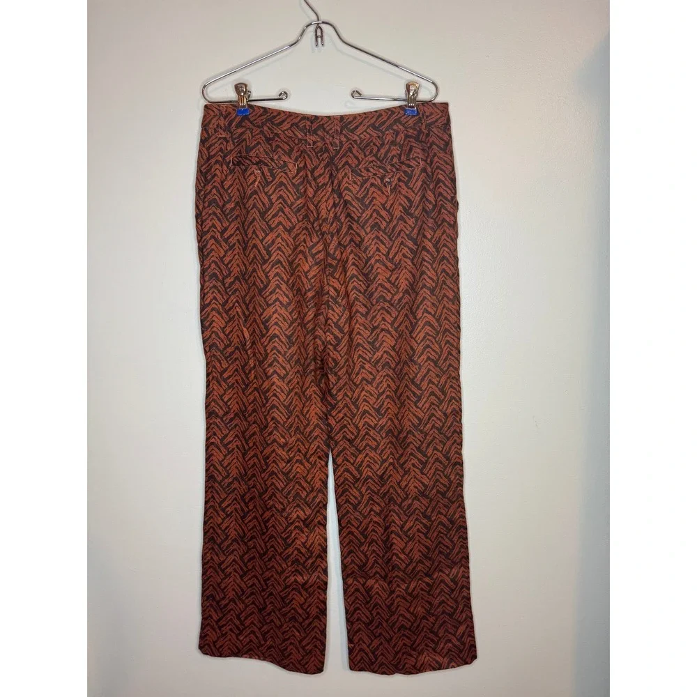 Garnet Hill Womens 8 Linen Wide Leg Pants Rust Brown Chevron Geometric Trousers